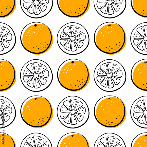 Orange. Seamless pattern. Colorful line sketch collection of citrus fruits isolated on white background. Doodle hand drawn vector illustration