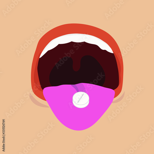Vector illustration of a man’s open mouth with a tablet on the tongue in a flat style. Medical treatment concept.