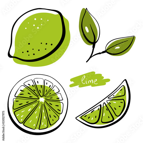 Leinwand Poster Lime, whole, half, slice and leaves