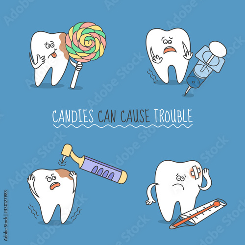 Teeth cartoon set. Candies can cause trouble. A tooth with candy, thermometer, syringe, and drill. Cute and funny characters for your dentistry design or like a standalone illustration.