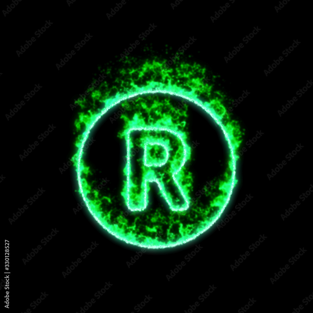 The symbol registered burns in green fire The symbol registered burns in green fire