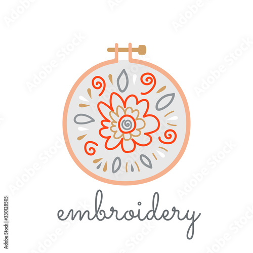 Logo hoop with embroidered flowers in a flat style on a white background. Vector isolated knitting symbol for a shop with embroidery, embroidery courses, floss, machine embroidery, cross-stitch.