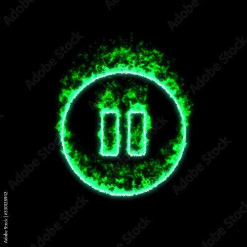 The symbol pause circle burns in green fire