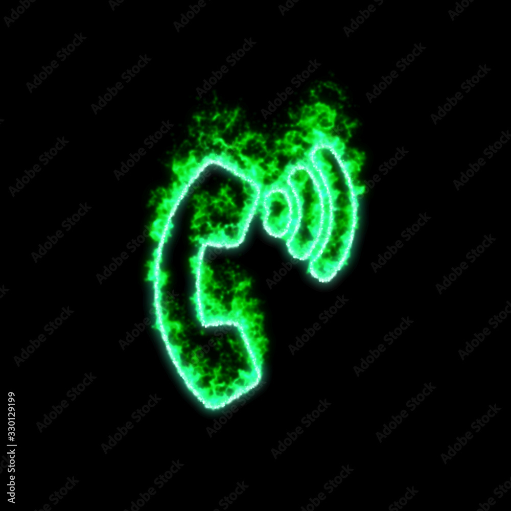The symbol phone volume burns in green fire The symbol phone volume burns in green fire