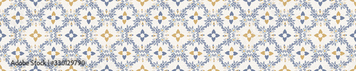 Seamless ornate medallion border pattern in french cream linen shabby chic style. Hand drawn floral damask bordure. Old white blue background.  Interior home decor edging. Ornate flourish ribbon trim