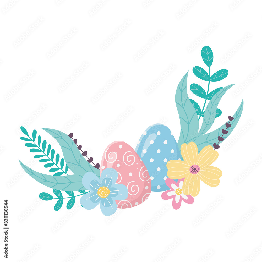 happy easter day, beauty eggs flowers foliage leaves decoration