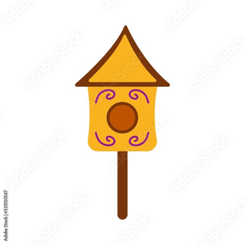 Cute wooden birdhouse. Colorful illustration on a white background in cartoon style. Feeding trough for birds arriving from warm edges in the spring. Wooden building for the care of birds