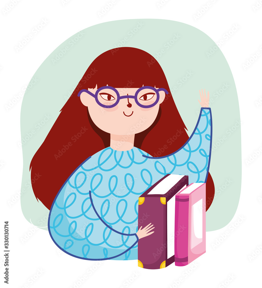 young woman wearing glasses and books literature, book day young woman wearing glasses and books literature, book day