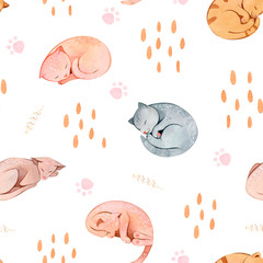 Handdoek met foto Slapende dieren patronen Aquarel poesjes met pootjes patroon  © astaru