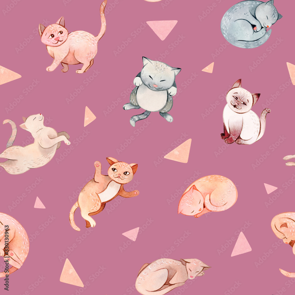 Hand painted watercolor cartoon cats and kittens patterns Hand painted watercolor cartoon cats and kittens patterns