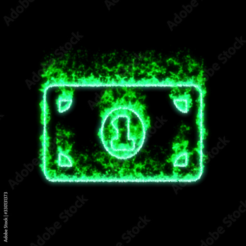 The symbol money bill one burns in green fire