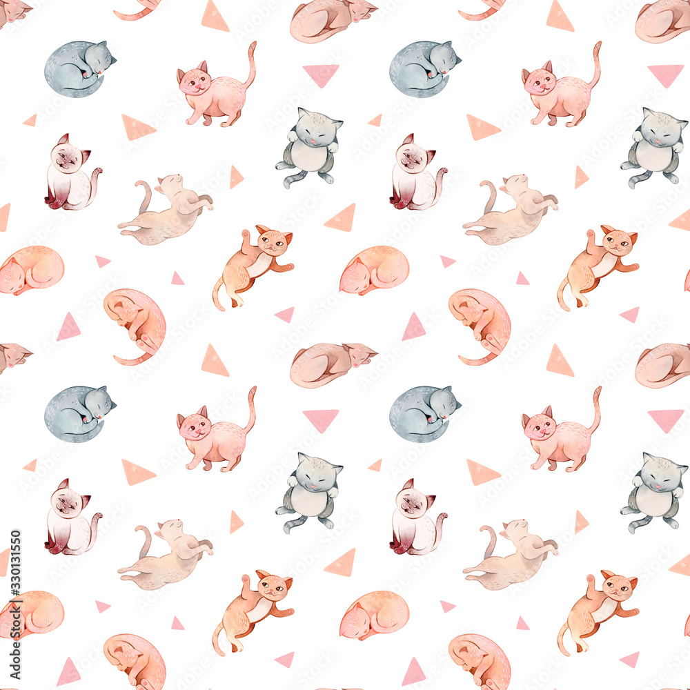 Obraz premium Hand painted watercolor cartoon cats and kittens patterns