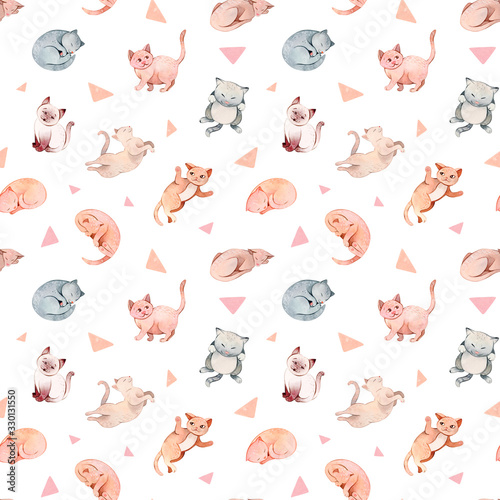 Hand painted watercolor cartoon cats and kittens patterns