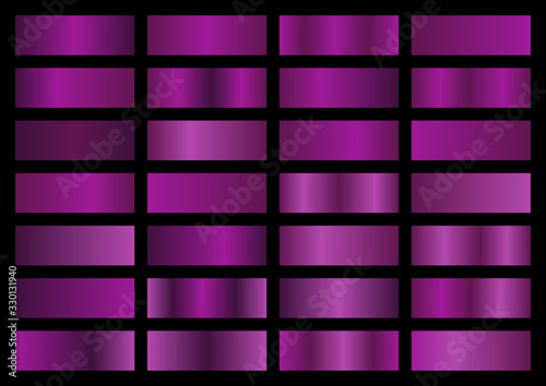 Purple metal gradient set. Vector metallic texture. Big collection of pink metallic gradients on black background