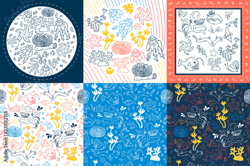 Sea set with hand drawn marine creatures