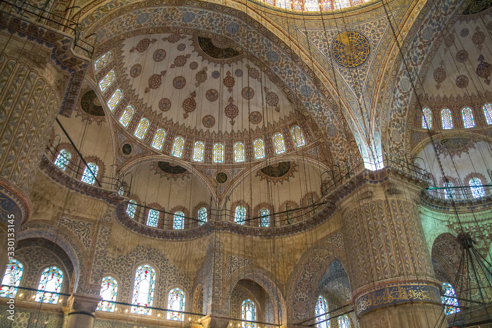 The interior of the historic Blue Mosque in Istanbul. Turkey.