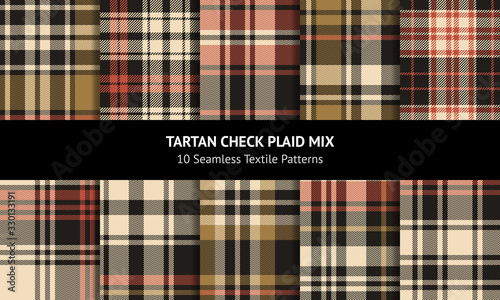 Seamless plaid patterns set. Seamless tartan check patterns in black, gold, and red orange for flannel shirt, blanket, skirt, duvet cover, or other autumn and winter textile prints.