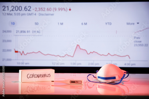 Coranavirus fears trigger stock market panic selling and a historic stock market crash, mask and thermometer with stock graph and red alert lighting, Coronavirus wreaks havoc on economies worldwide photo