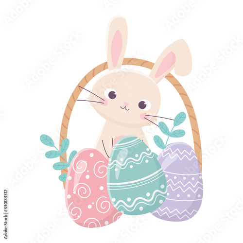 happy easter rabbit basket with eggs leaves