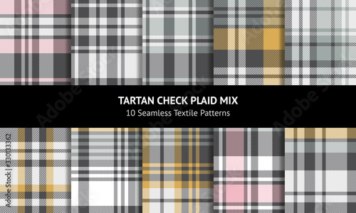 Seamless plaid patterns set. Tartan check plaids in grey, pink, yellow, and off white for summer, spring, autumn, and winter flannel shirt, skirt, blanket, or other textile designs.