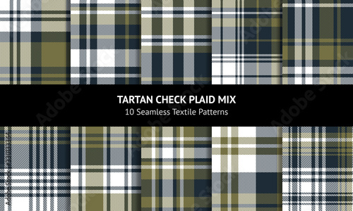 Plaid patterns set. Tartan check plaids in dark blue, khaki olive green, and white for summer, spring, autumn, and winter flannel shirt, skirt, blanket, or other textile designs.