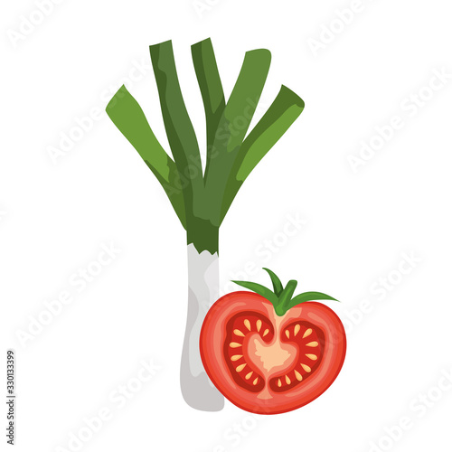 fresh tomato with leek vegetables vector illustration design