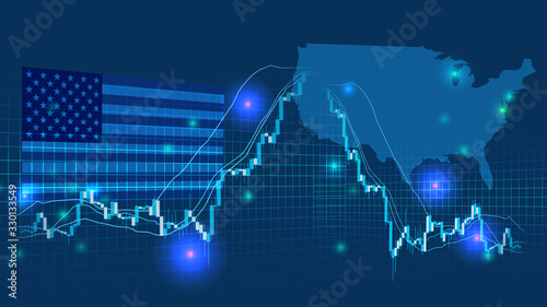 アメリカの高騰急落する株価チャートと青色背景為替イメージ
