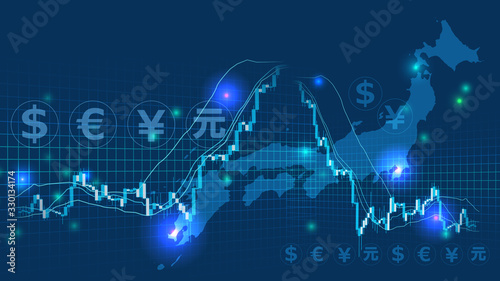 日本の高騰急落する株価チャートと青色背景為替イメージ photo