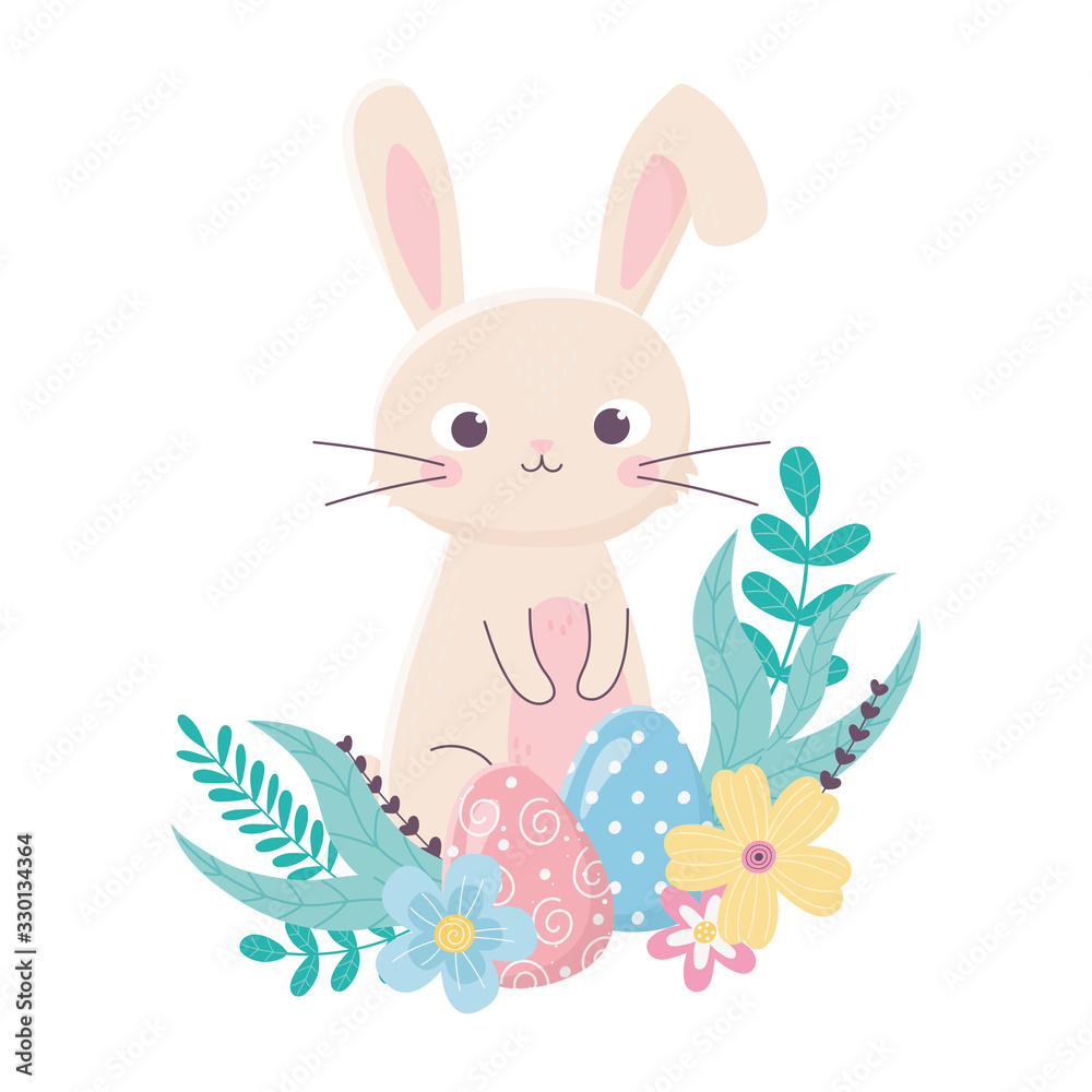 Obraz premium happy easter cute rabbit and eggs flowers foliage cartoon