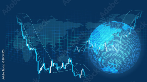 急落する株価チャートと世界地図青色背景イメージ