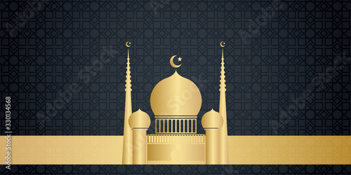 Greeting card ramadan kareem background with modern pattern, star, and mosque decoration. Abstract background for presentation design, banner, flyer, poster, corporate and business. Gold black gradien