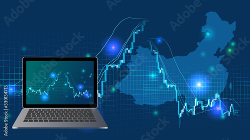 中国の高騰急落する株価チャートとノートパソコン青色背景イメージ