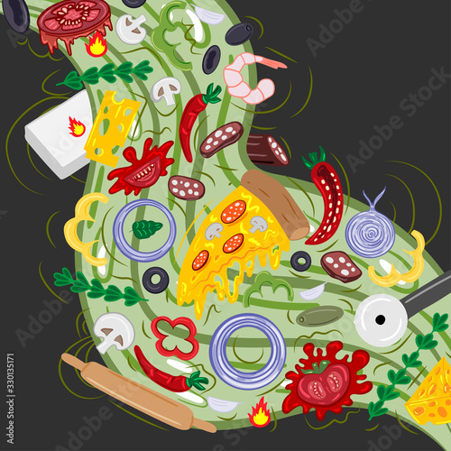 Cartoon hand-drawn doodles Italian food illustration. Colorful detailed  with lots of objects vector design background
