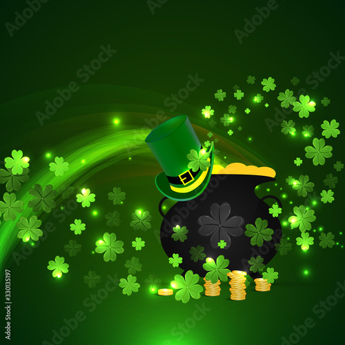 Cauldron with gold with a swirl of clover on St Patricks Day, vector art illustration.