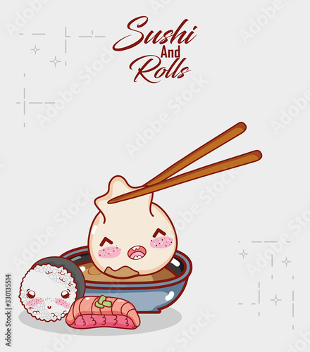 kawaii with dumpling in sauce rice and fish food japanese cartoon, sushi and rolls