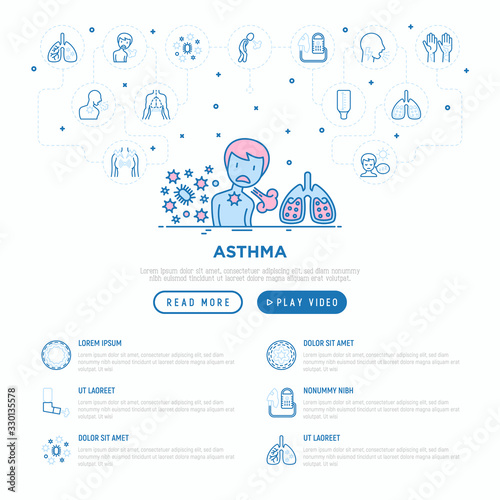 Asthma web page template. Man with asthma attack. Thin line icons: allergen, dyspnea, cough, wheezing, chest pain, diaphragm, sputum, inhaler, nebulizer. Modern vector illustration.