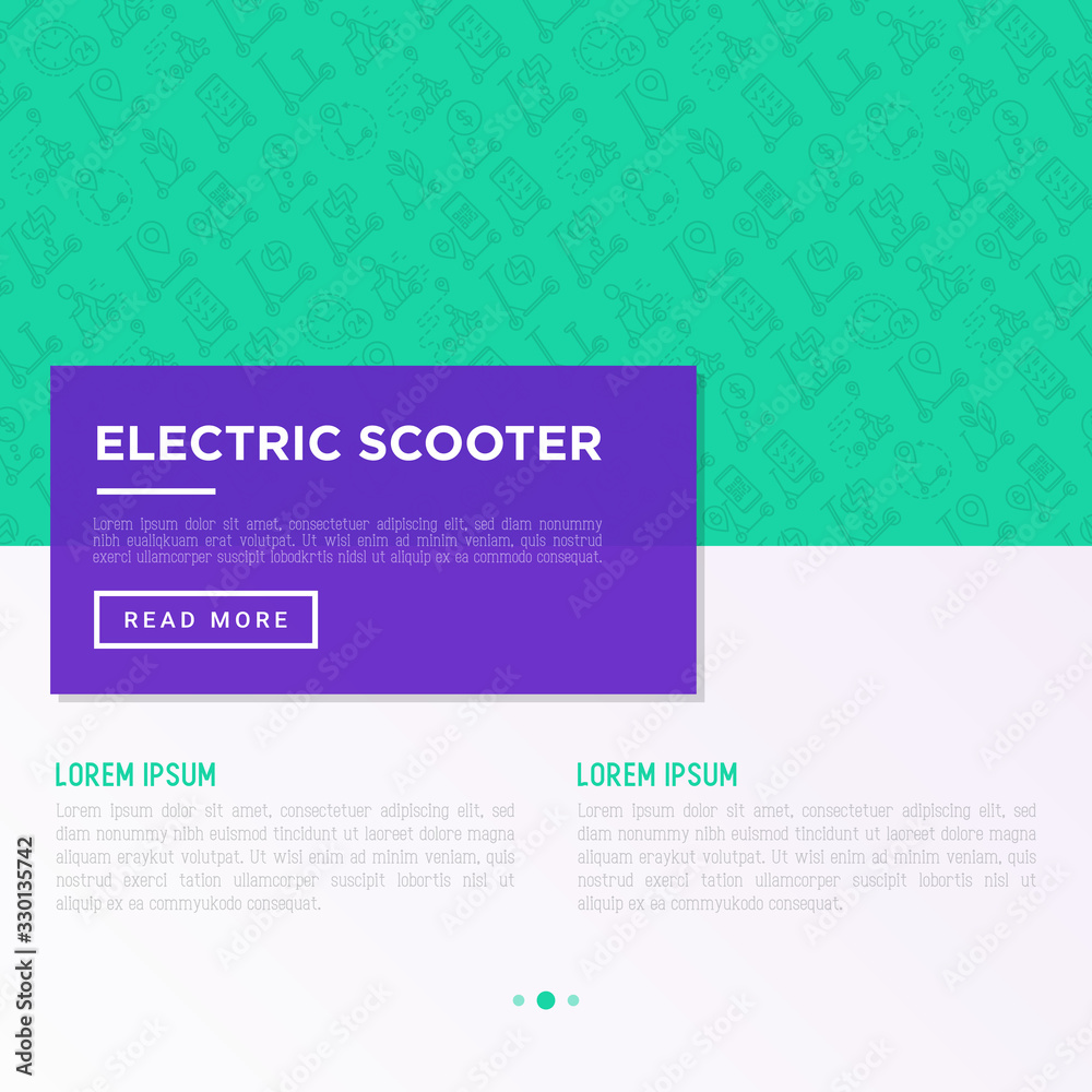 Fototapeta premium Electric scooter concept with thin line icons: sharing service, mobile app, QR code, parking, helmet, eco transport, pointer. Modern vector illustration, template with copy space.