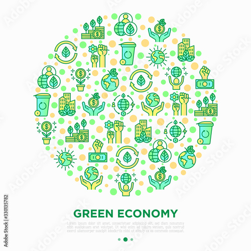 Green economy concept in circle with thin line icons: financial growth, green city, zero waste, circular economy, anti-globalism, global consumption. Vector illustration for environmental issues.