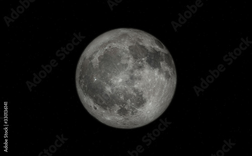 3D Illustration Rendering. Earth's Full Moon Glowing On Black starfield Background. Full Moon 3D