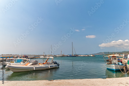 Nea Skioni  Greece - September 06  2019  The Harbour entrance at Nea Skioni Kassandra  Chalkidiki  Central Macedonia  Greece. Greek marina with parked boats and yachts