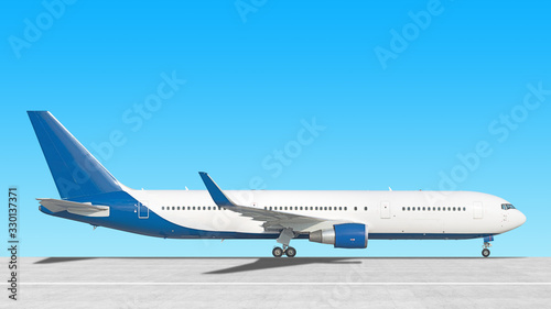modern airplane side view isolated on airport runway background Passenger jet plane with gear down Commercial aircraft blue tail paint scheme Luxury business jet air travel Aviation design reference