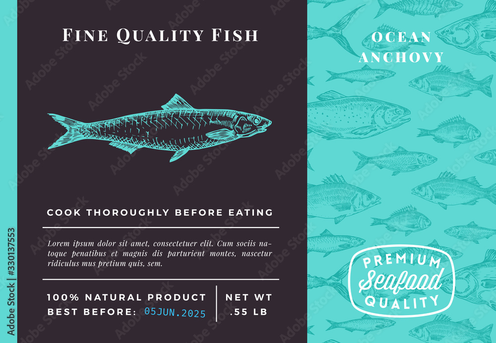 Obraz premium Premium Quality Anchovy Abstract Vector Packaging Design or Label. Modern Typography and Hand Drawn Sketch Fish Pattern Background Seafood Layout