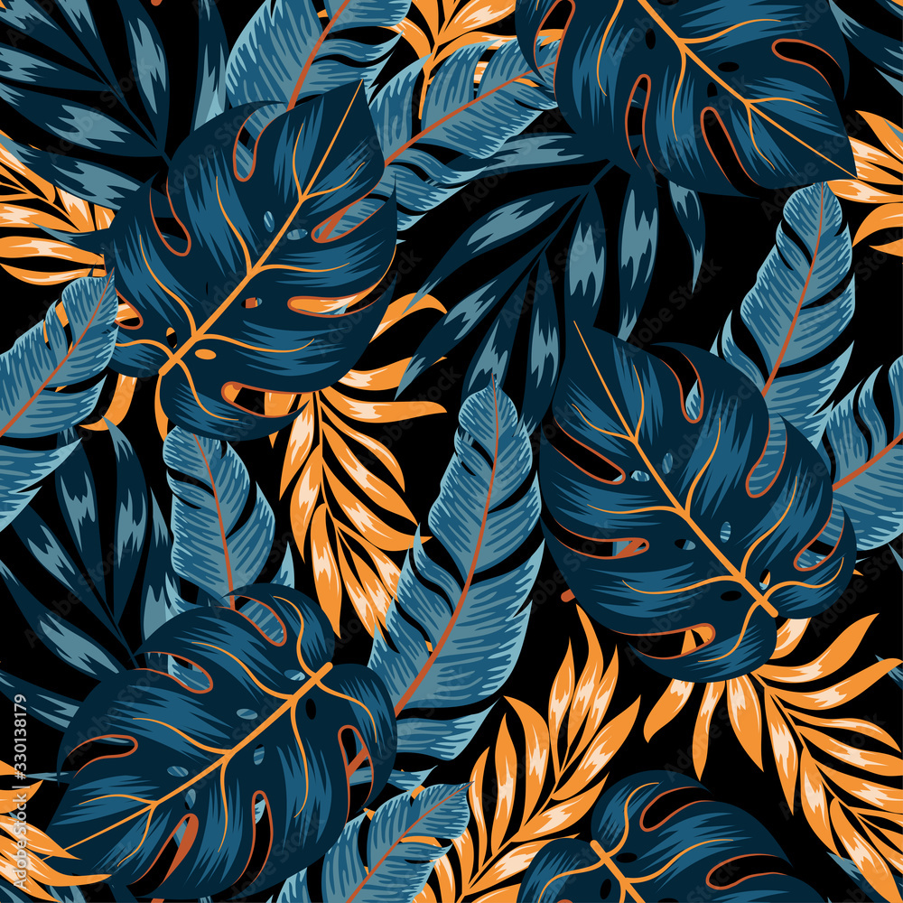 Floral seamless tropical pattern with bright yellow and blue plants and ...