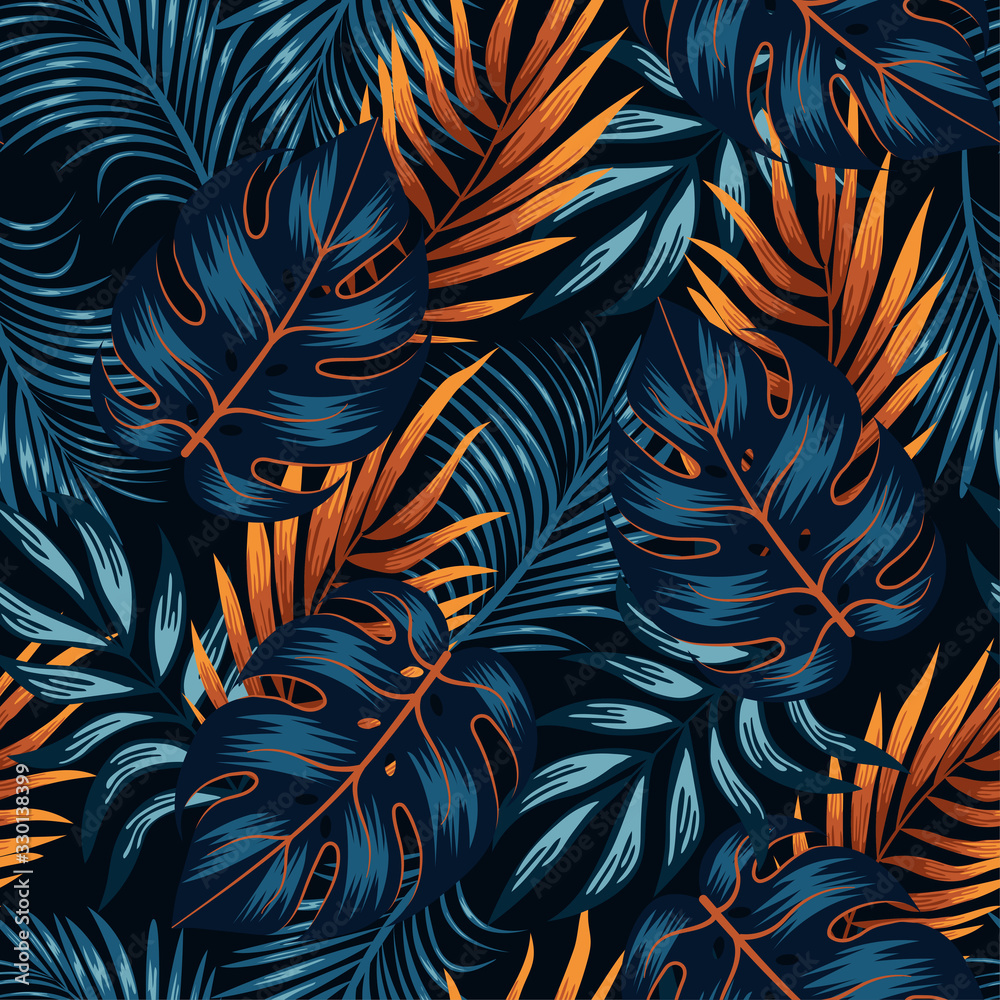 Botanical seamless tropical pattern with bright yellow and blue plants and leaves on a black background. Jungle leaf seamless vector floral pattern background.  Beautiful exotic plants. 