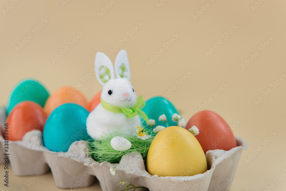 Easter concept with a bunny in nest. Painted easter eggs in egg Easter concept with a bunny in nest. Painted easter eggs in egg