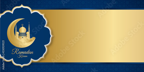 Ramadan kareem banner greeting card template design. Vector illustration in blue gold gradient background with moon, cloud, star, and mosque decoration. Luxury islamic background