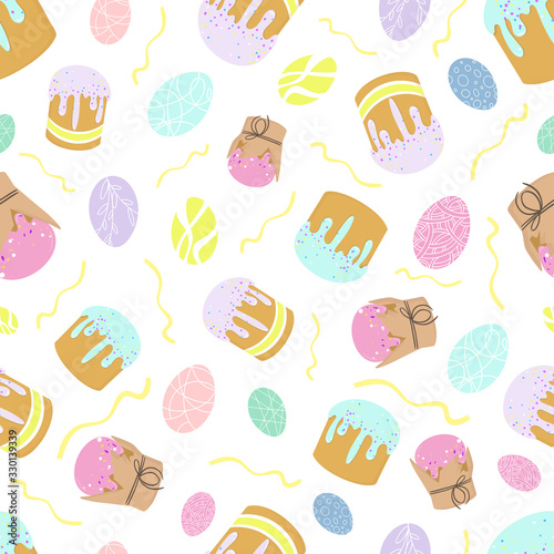 Seamless pattern Easter in vector. Decoration symbols: Easter cake, eggs. Spring background. You can use it for packaging, textiles, and web design.