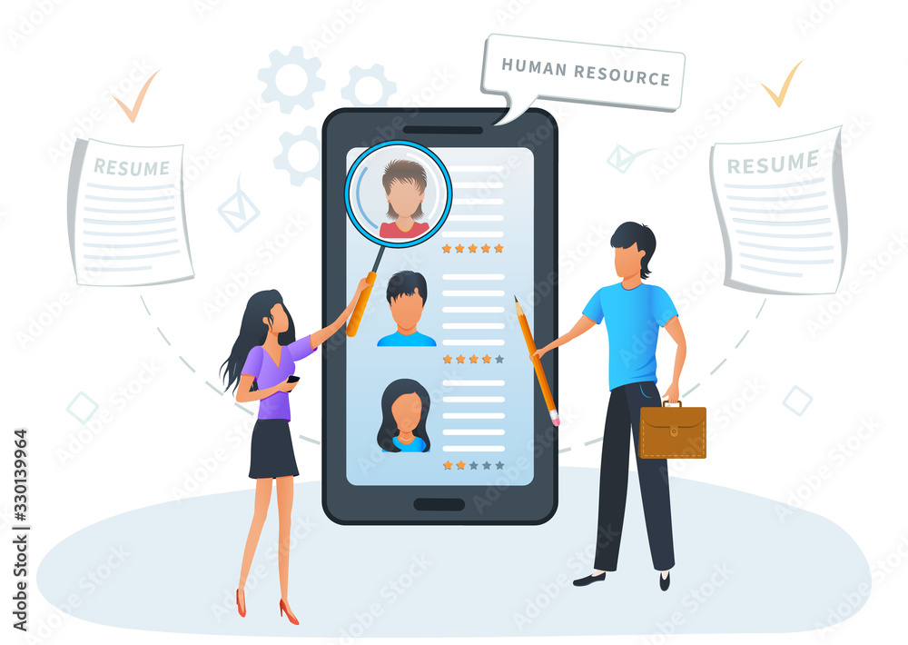 Concept online recruitment service. HR Managers and Recruiters searching for candidate to hire. Recruitment process through mobile app. Human Resources Management. Job hiring. Flat Vector. Concept online recruitment service. HR Managers and Recruiters searching for candidate to hire. Recruitment process through mobile app. Human Resources Management. Job hiring. Flat Vector.