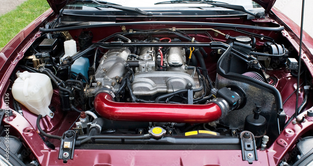 Car Engine Bay with Open Air Intake u0026 DIY Heat Shield Stock Photo | Adobe  Stock