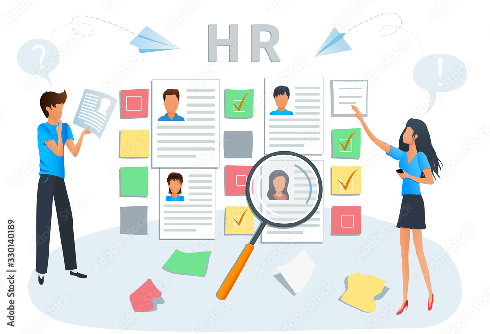 Vector illustration concept of human resources, hiring and recruitment. Business recruiting. Recruiters and managers searching for candidate CV to hire. Employment service, recruitment agency Vector illustration concept of human resources, hiring and recruitment. Business recruiting. Recruiters and managers searching for candidate CV to hire. Employment service, recruitment agency